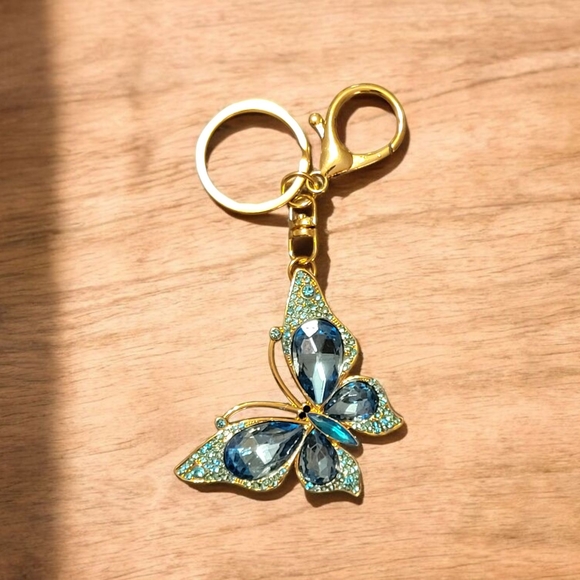 Elegant Gold and Blue Butterfly Bag Charm Keychain - Picture 1 of 3